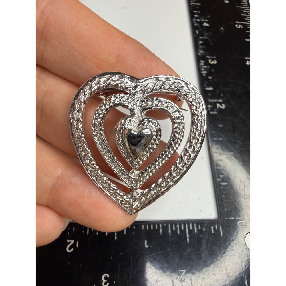 Gerrys Silver Tone Triple Heart Brooch Textured Rope Openwork Pin